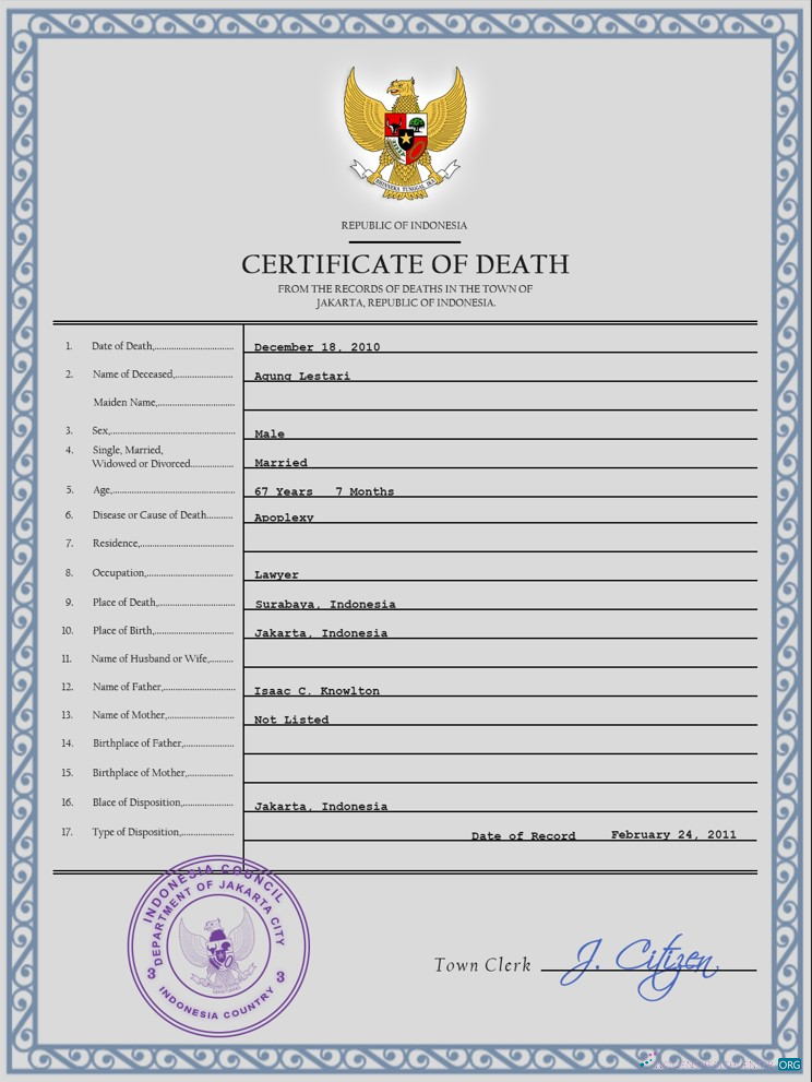 Download Indonesia vital record death certificate PSD template Photoshop template